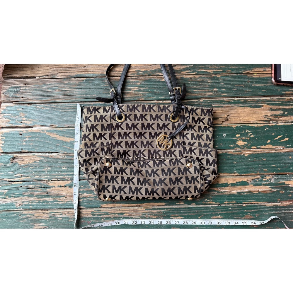 MK Signature Monogram Jacquard Tote Bag Brown Black Gold Hardware